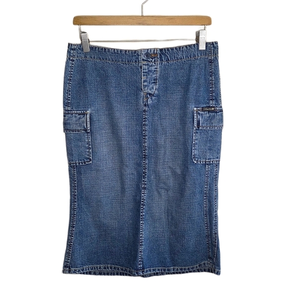 Y2K Lucky Brand | Trumpet Denim Midi Skirt Cargo Pockets Size 4/27 - Picture 1 of 7